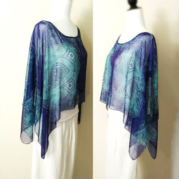 Top & Scarf 2in1 Blue Green Paisley Print Sheer Chiffon Slip-on Lightweight - Picture 6 of 14